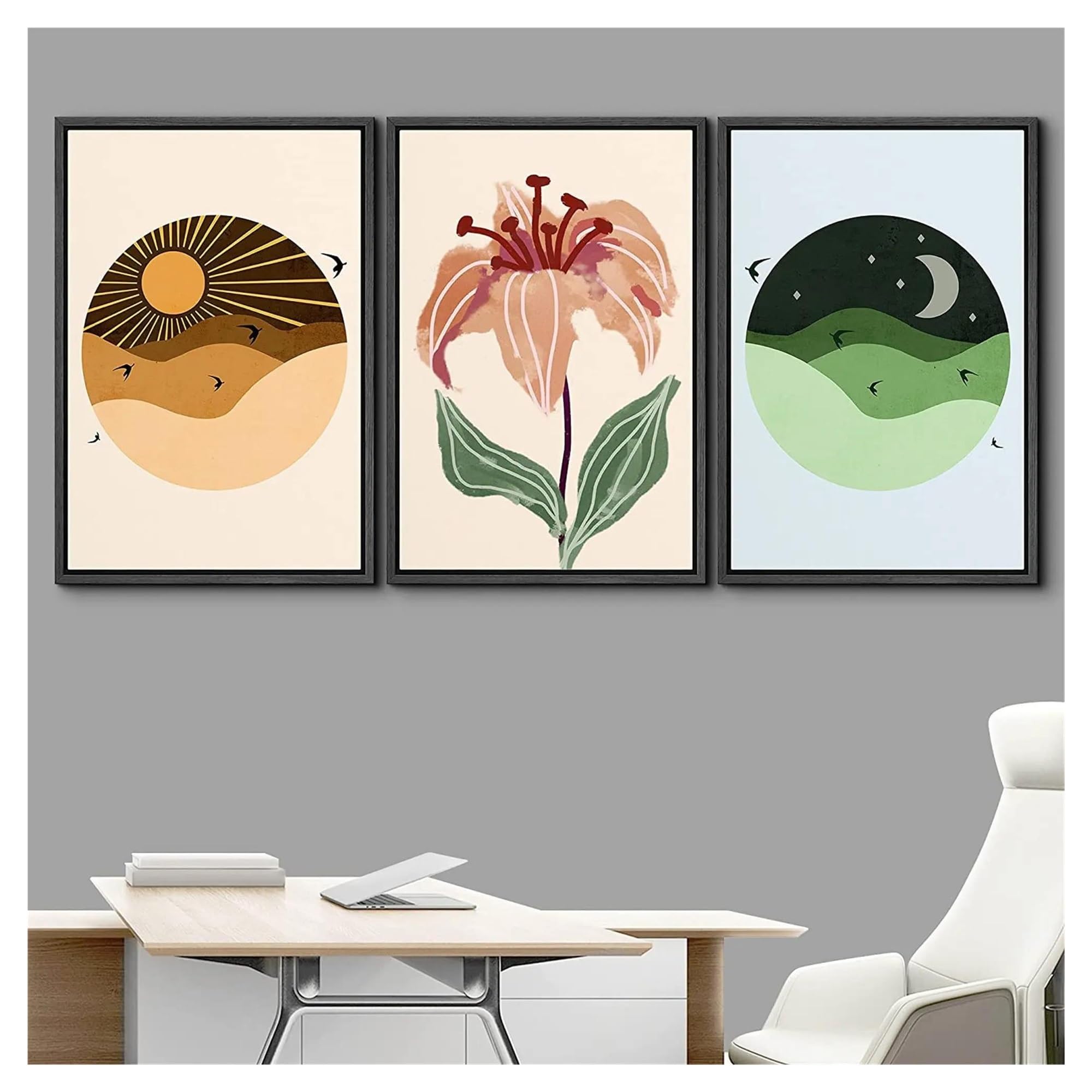 Tableau déco nature 3 pièces soleil lune boho triptyque mural 40x60 salon