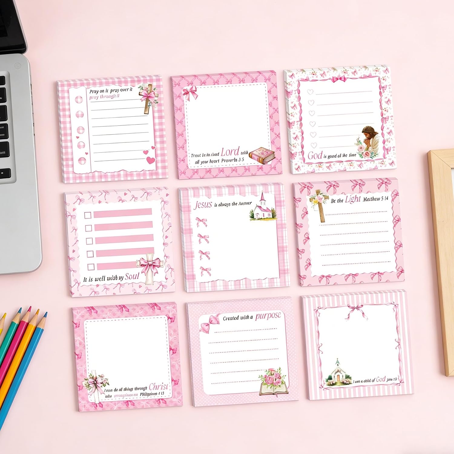 Bible Verse Sticky Notes - 9 Pcs Pink Bow Self Stick Note, Christian Gift for Women, Inspirational Religious Cross Posts it Notes for Bible Study, School Office Supplies Stationery 3 x 3 Inches image 2