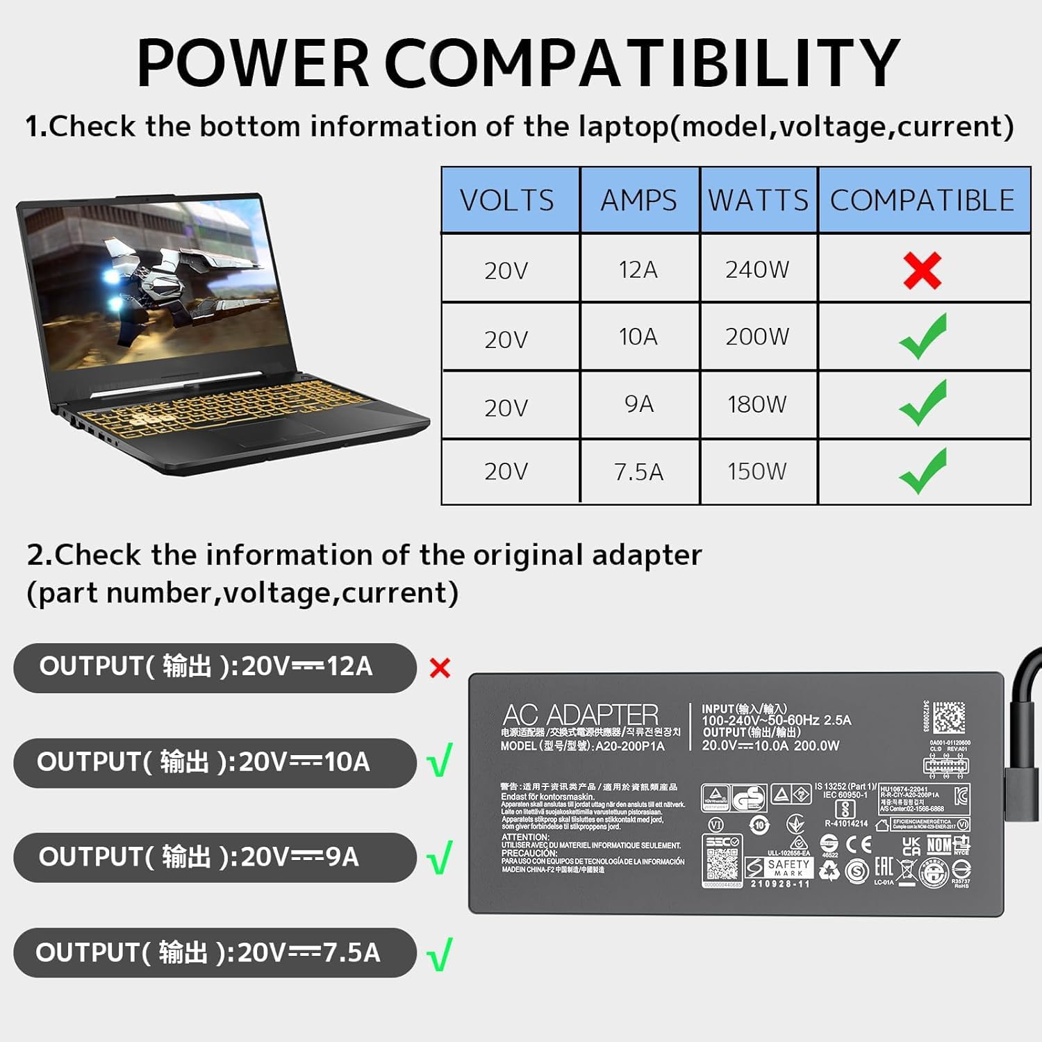 200W 20V 10A Charger Fit for Asus ROG Zephyrus G14 G16 GA605 GA605WI GA605 GA605WV TUF Gaming A14 A16 FA401WV FA401UV FA608 ProArt P16 PX13 HN7306 HN7306WV P16 H7606 ADP-200JB K Laptop Power Supply