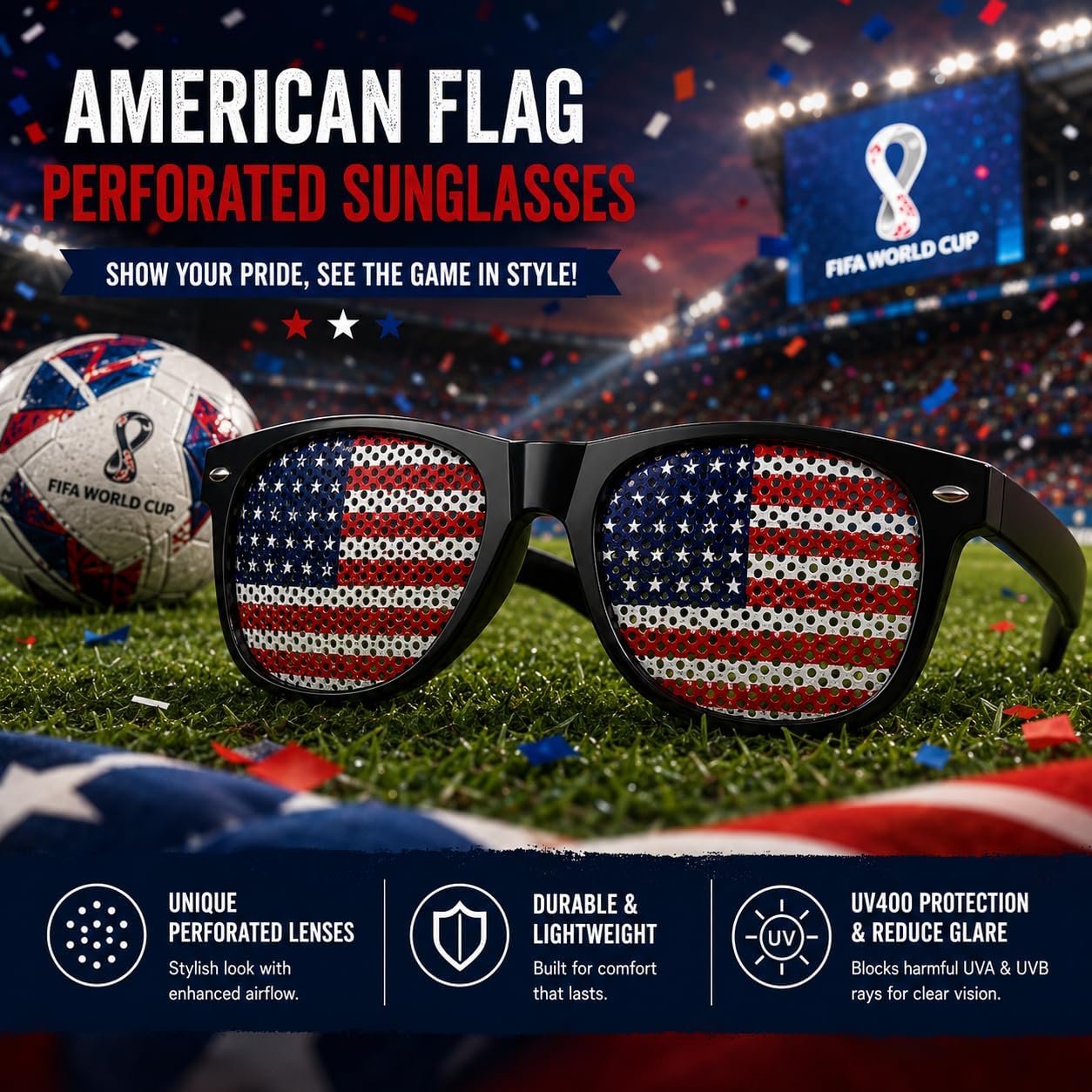Multi-hole Pinhole Glasses,American Flag Printed Novelty Party Glasses,Lightweight Sports Fan Accessories for Soccer Games, World Cup Watch Parties, Memorial Day and USA Celebrations