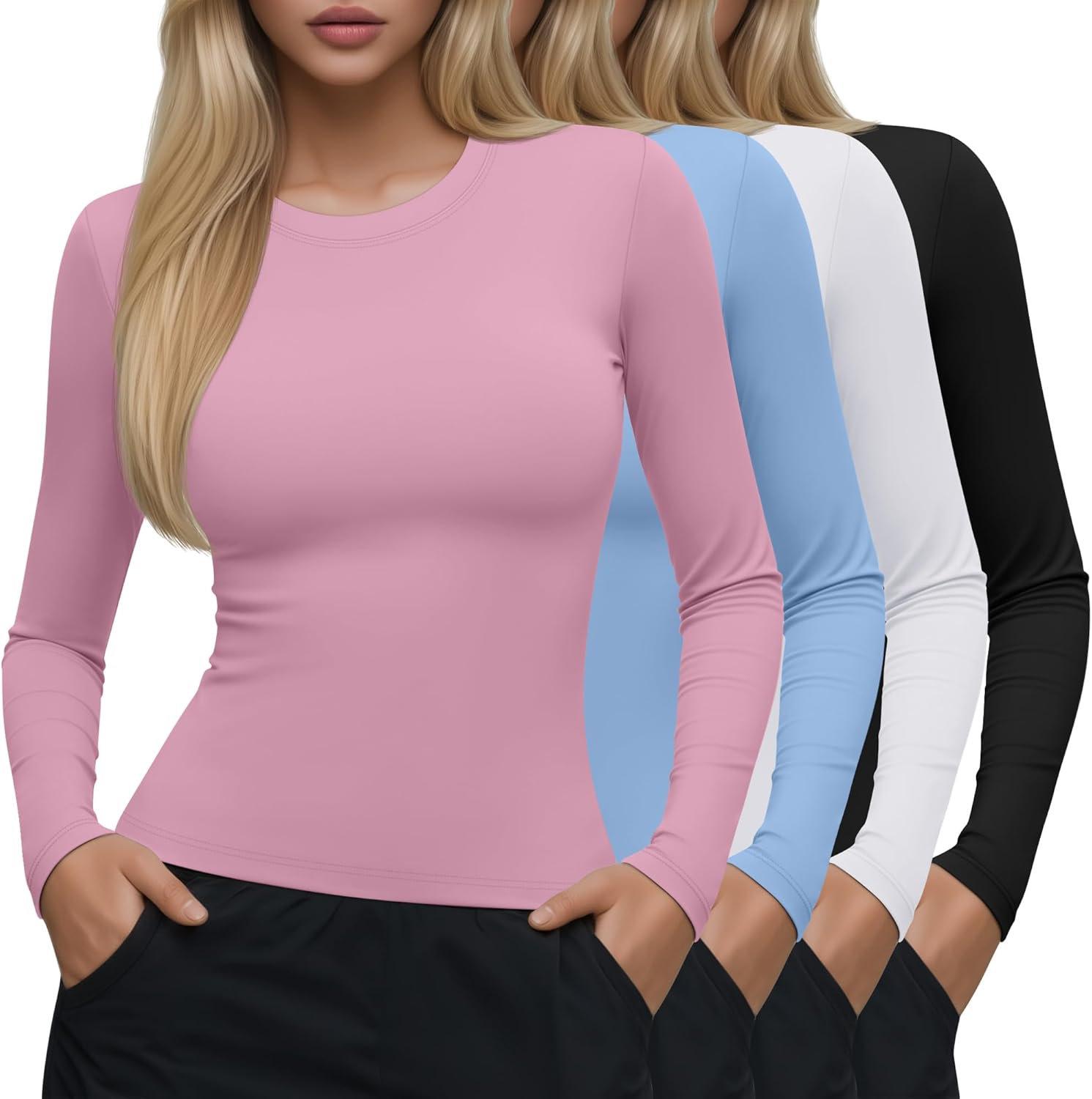 Neer 4 Pcs Womens Long Sleeve Compression Shirts Crew Neck Yoga Workout Shirts Lightweight Stretchy Breathable Tees