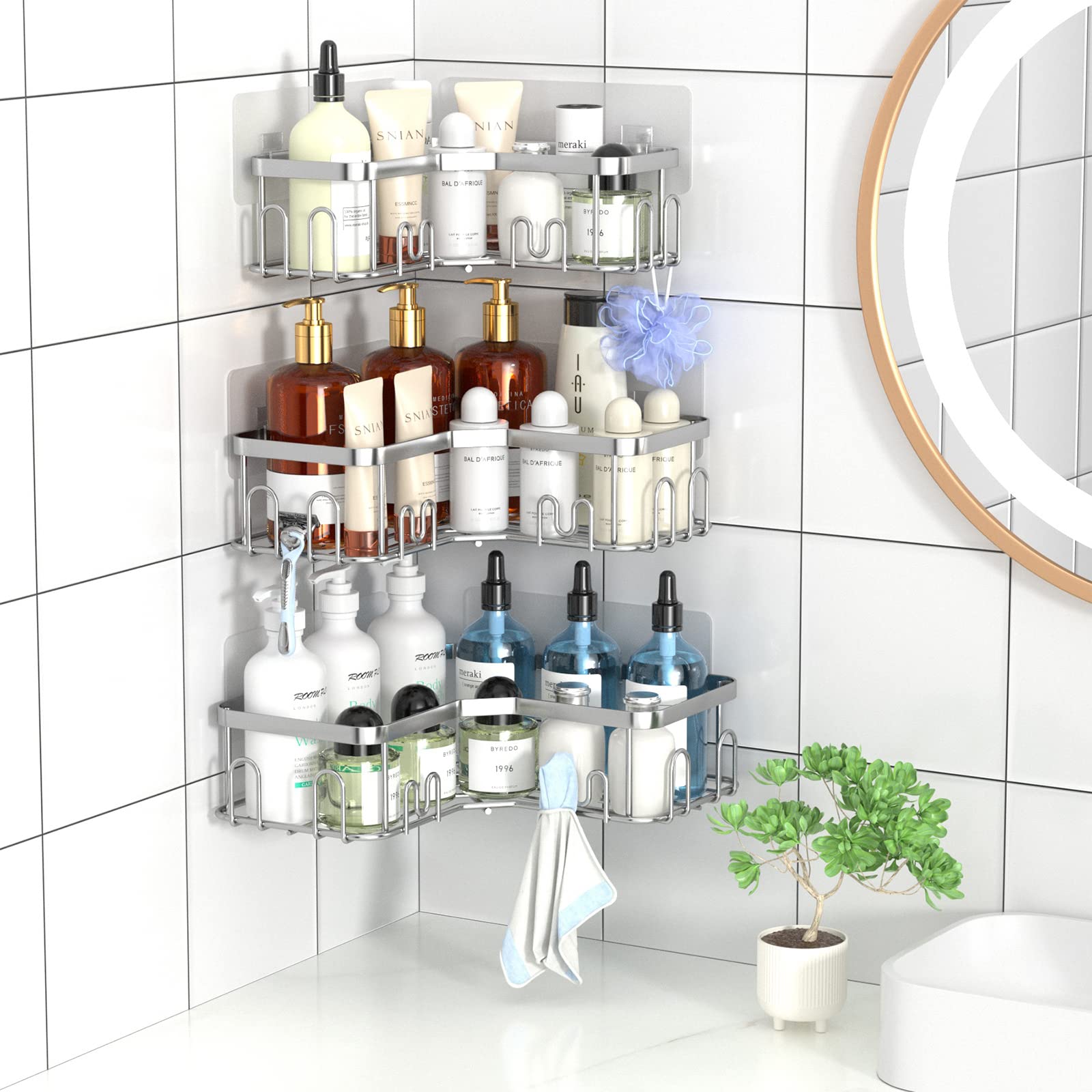 Menbyci Lot de 3 étagères d'angle de douche avec 18 crochets, en acier inoxydable adhésif pour salle de bain (argenté)