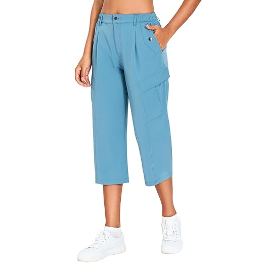 Calça capri feminina cargo leve de secagem rápida para caminhada resistente à água para verão com 6 bolsos 2026