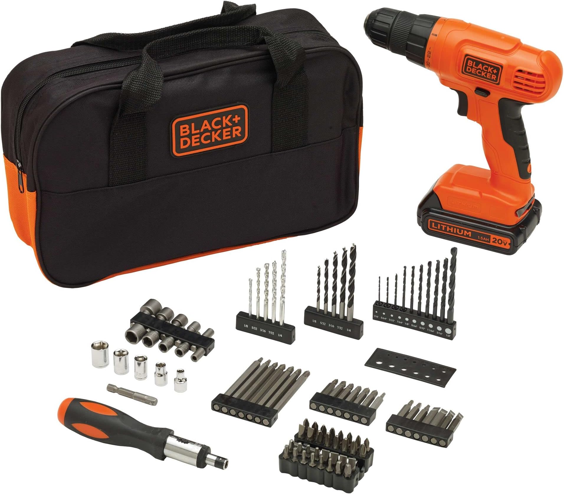 BLACK+DECKER 20V MAX* POWERCONNECT Cordless Drill Driver Kit with Drill Bit Set and Sockets, 100 pc. Tool Kit for Home, Battery and Charger Included ,Orange (BDC120VA100)