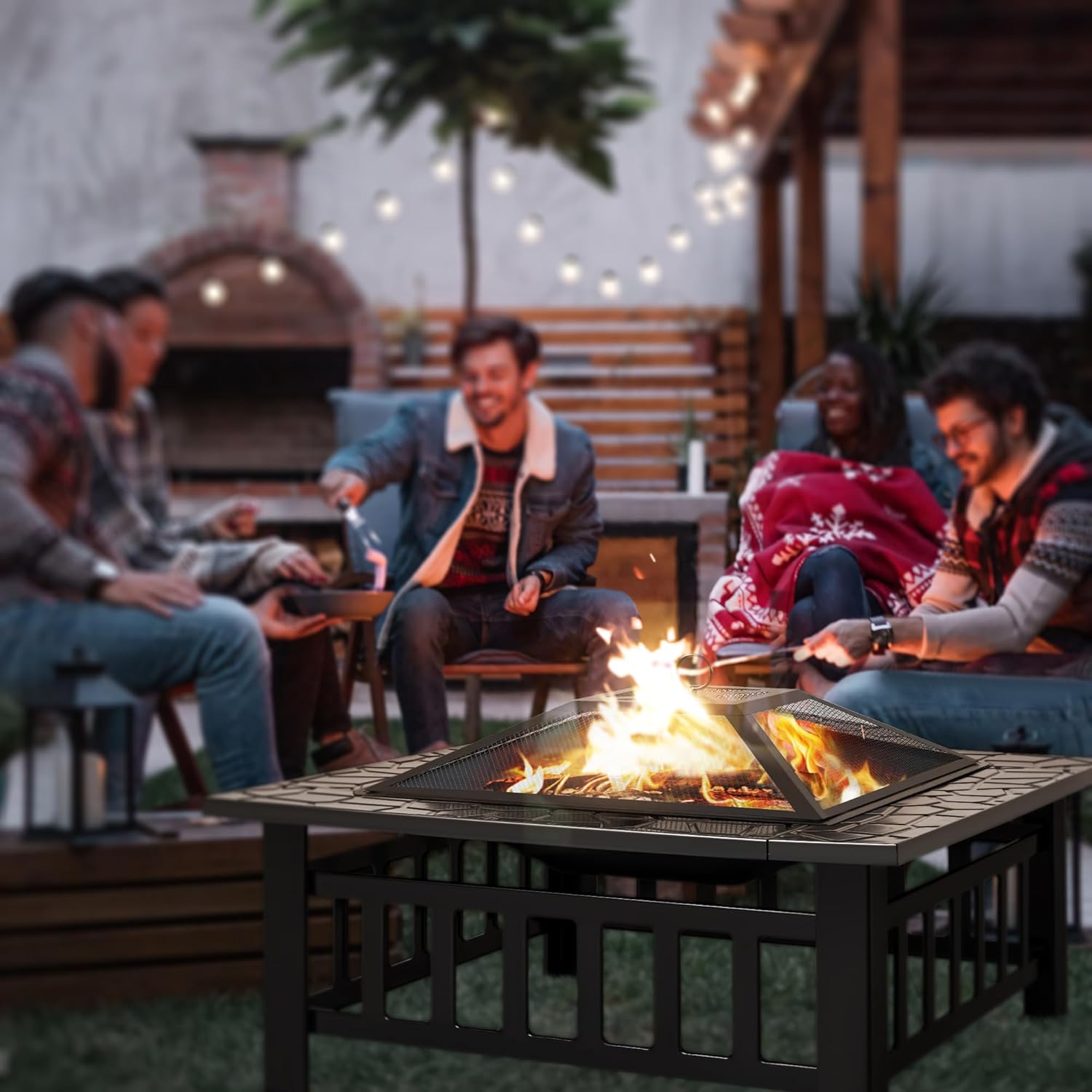 Rankok 32" Multifunctional Outdoor Fire Pit Table with Spark Screen, Fire Grate and Poker Metal Square Fireplace for Outdoor Heating, Backyard BBQ, Camping and Garden Bonfire Party
