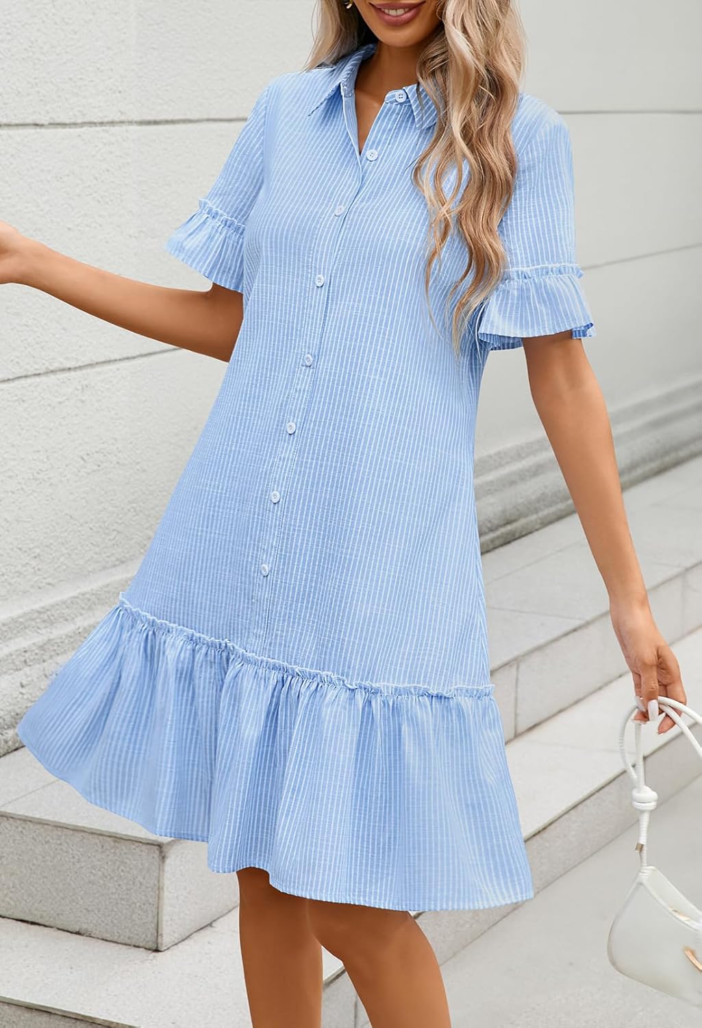 MEROKEETY Women's 2026 Summer Casual Shirt Dress Button Down Ruffle Sleeve Shift Mini Dresses with Pockets - Image 4