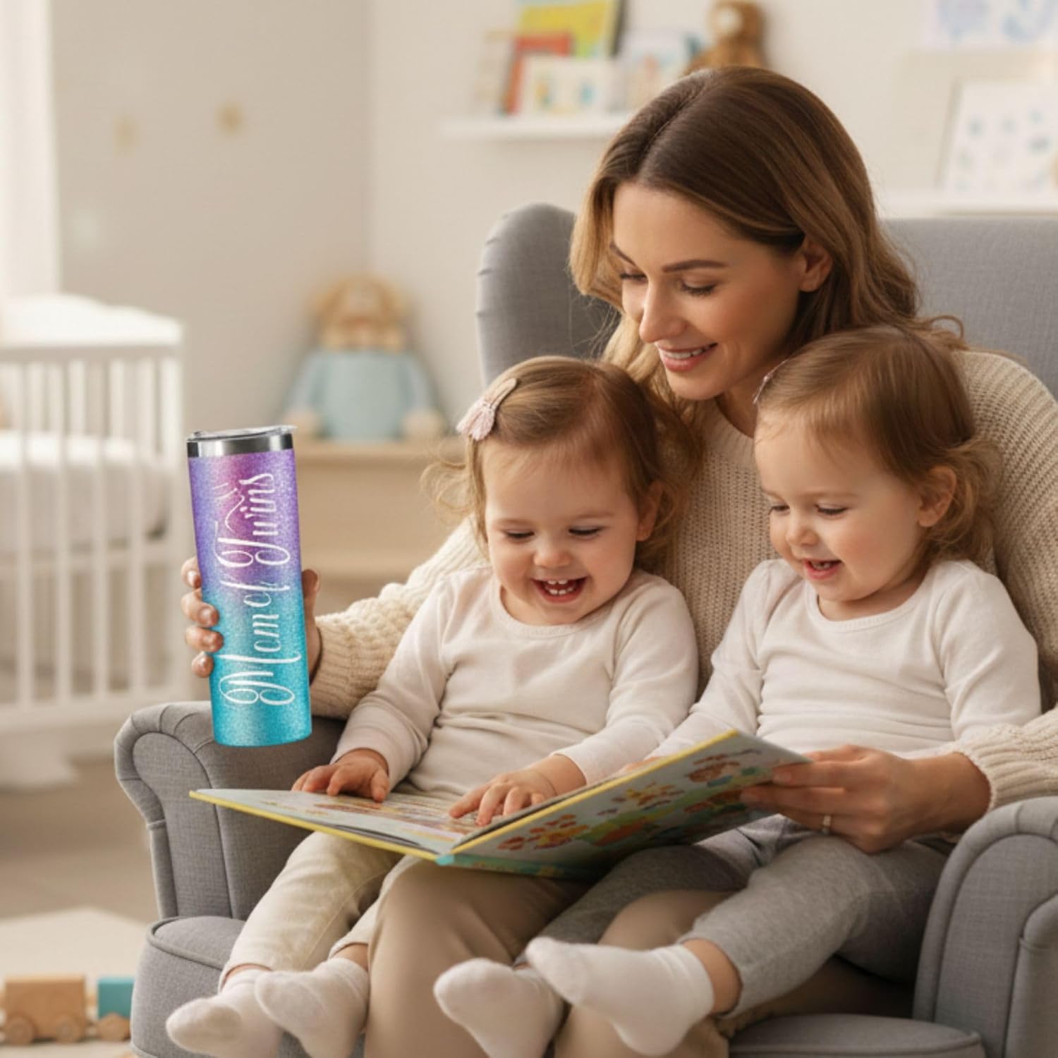 Onebttl Twin Mom Gifts, Mother Mom of Twins, Birthday Gifts, Stainless Steel Tumbler 20oz - Glitter Blue&Purple - Image 3