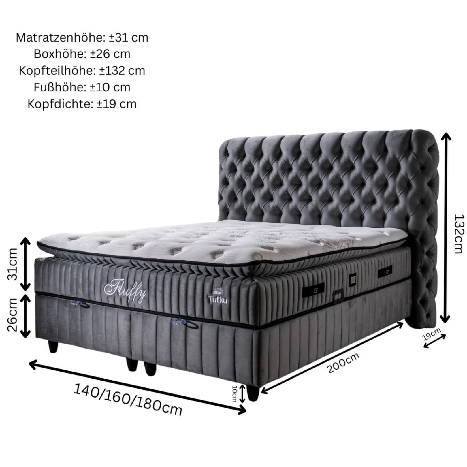 Fluffy Boxspringbett 180x200 cm mit Matratze & Bettkasten | Bett mit Stauraum - Komplettset mit 7-Zonen Orthopädischer Matratze mit Topper – Allergenfrei, Atmungsaktiv | Liegehöhe 67 cm (Grau)