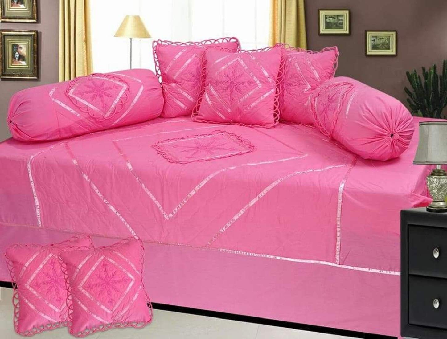New Panipat Textile Zone Cotton Geometric Diwan Set 1 Single bedsheet,3 Cushion Cover, and 2 Bolster Cover-image-49