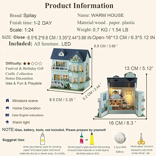 Miniatura 10 de Spilay Casa de muñecas - Kit de muebles de madera en miniatura para bricolaje, mini casa de muñecas hecha a mano con LED, escala 124, juguetes