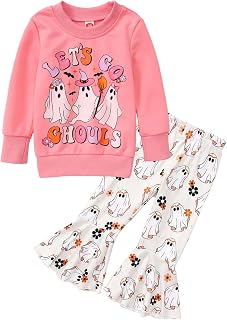 Halloween Toddler Baby Girl Outfits Lets Go Ghouls Spooky Sweatshirt Ghost Flared Pants 2Pcs Set Fall Clothes