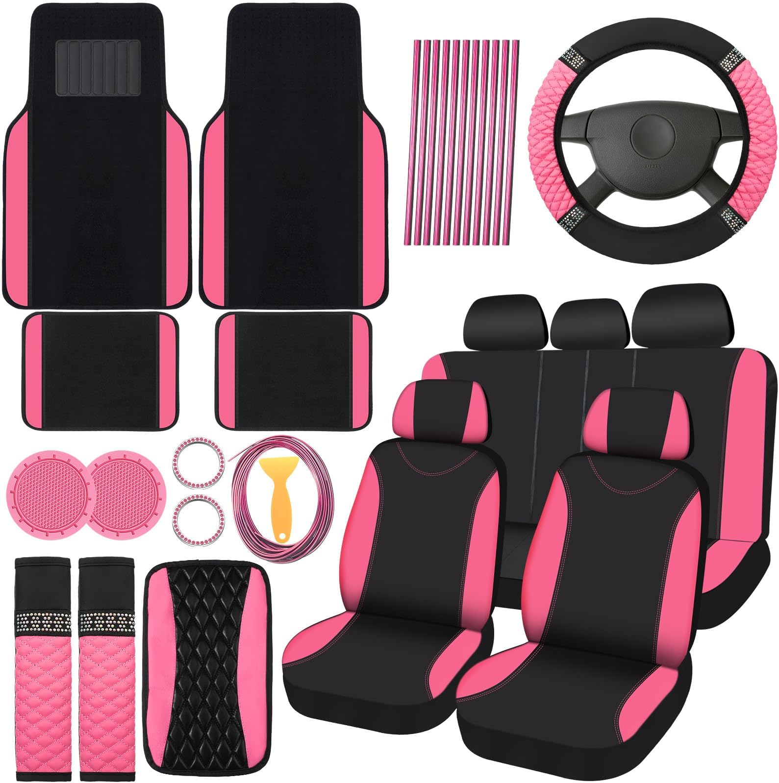 BBTO 43 Pcs Car Accessories Set for Women Front Seats and Rear Bench Polyester Car Seat Protectors Wheel Cover Seat Floor Mats Full Crystal Automotive Interior Decor(Pink and Black)