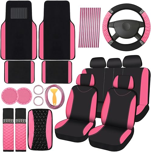 BBTO - Set accesorios autos de mujeres, 43 piezas con brillo, protectores poliéster para asientos delanteros y traseros, funda volante, alfombrillas