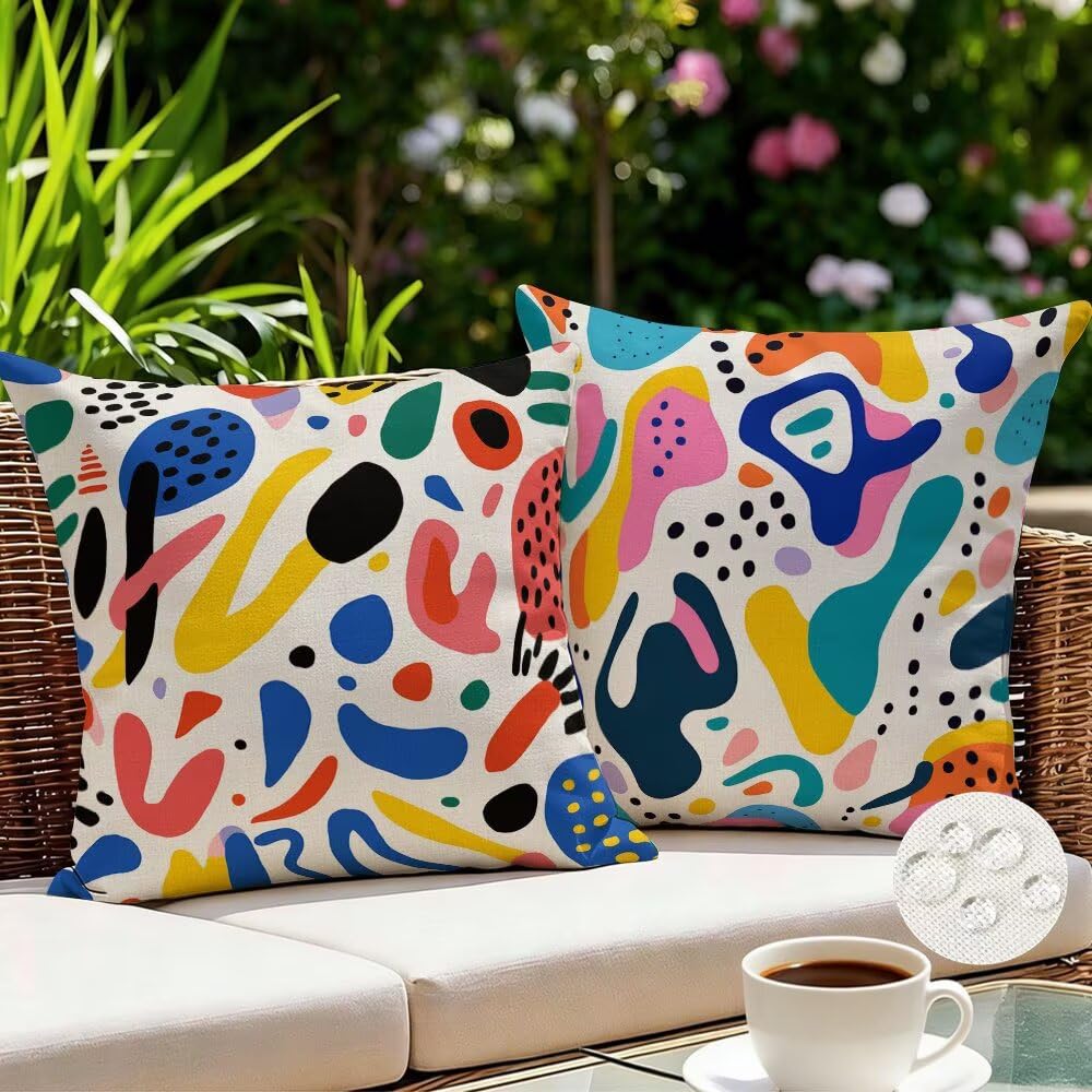Outdoor Cushions Waterproof Multicoloured Cushion Covers 35cm x 35cm Set of 2 Abstract Garden Cushions Nordic Cushion Cover Decorative Pillows Linen Throw Pillow Case for Garden Furniture (IU209)