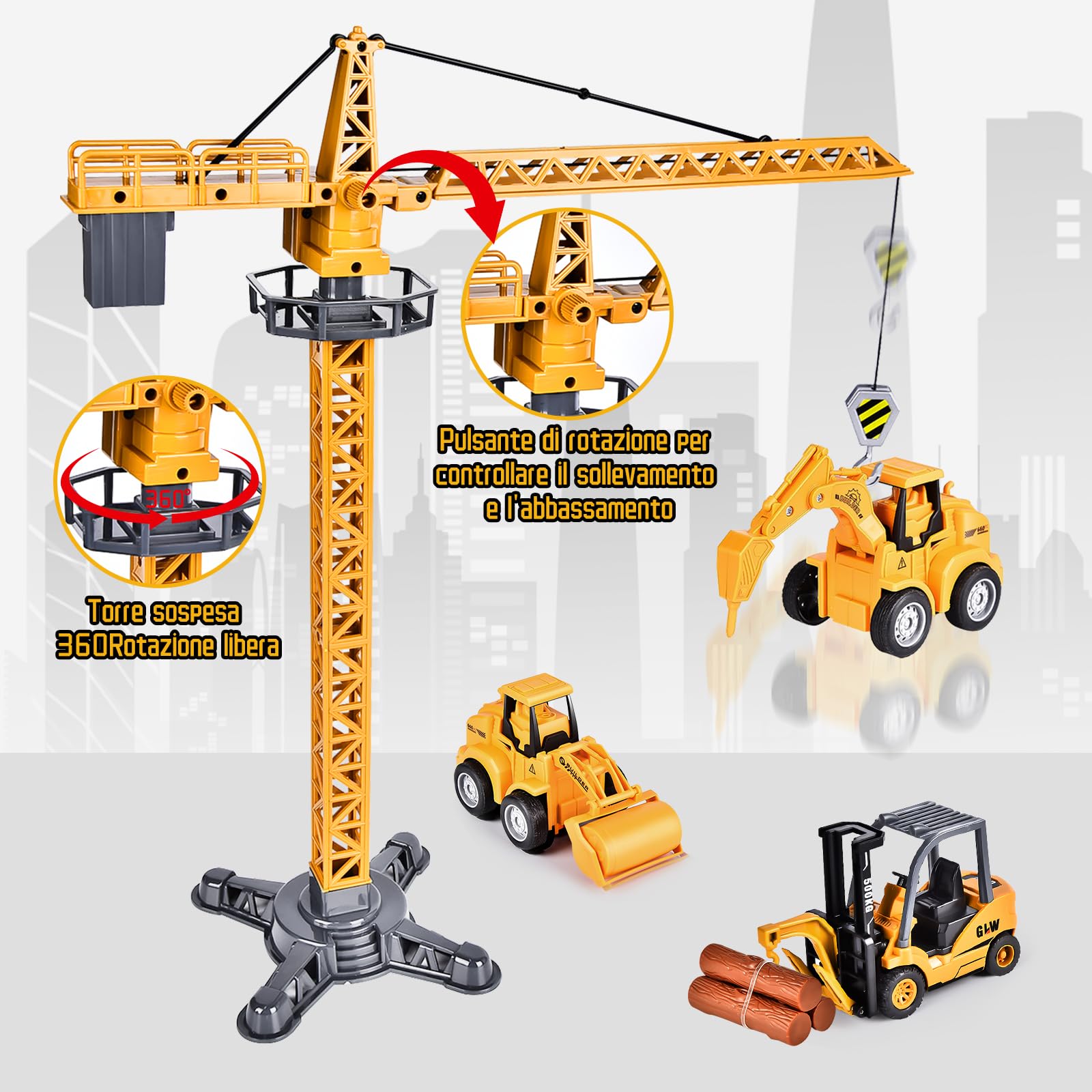 Herefun Set di giocattoli per veicoli da cantiere, per bambini, grandi gru, veicoli da costruzione per bambini, giocattolo per il trasporto di auto, giocattolo a partire dai 3 anni, regalo per ragazzi