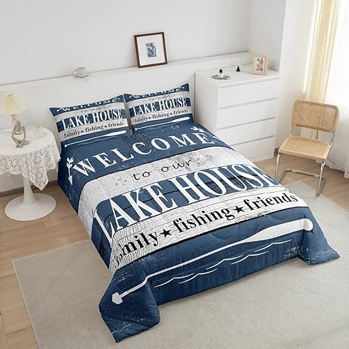 Miniatura 3 de Juego de ropa de cama de remo rústico para niños y niñas, diseño de casa de lago, edredón de diseño de casa de campo, colección de edredón náutico