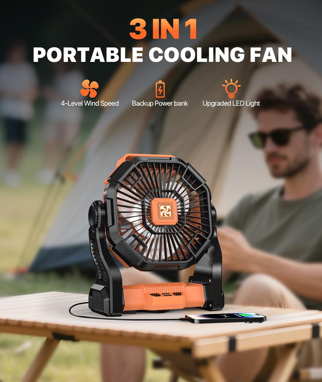 Camping Fan Battery Powered -20000mAh Portable Rechargeable Fans Light, Battery Operated Fan for Camping Hook 4 Speed Quiet Cordless USB Personal Cooling for Desk Home Beach Tent BBQ