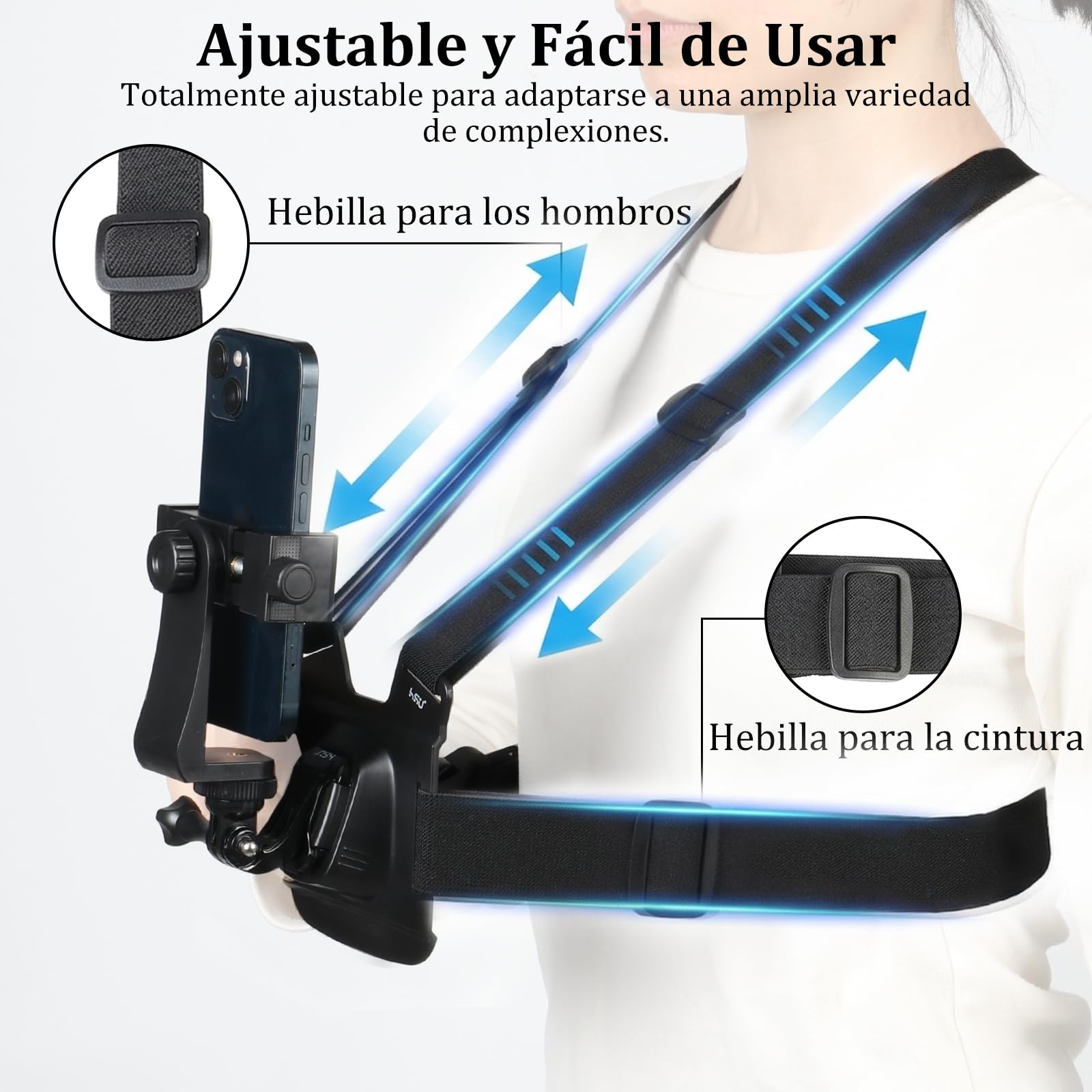 HSU Soporte para teléfono móvil con correa para el pecho, con cierre rápido J-Hook Clip para cámara de acción y soporte para teléfono móvil, set de accesorios para grabación de vídeo POV/VLOG