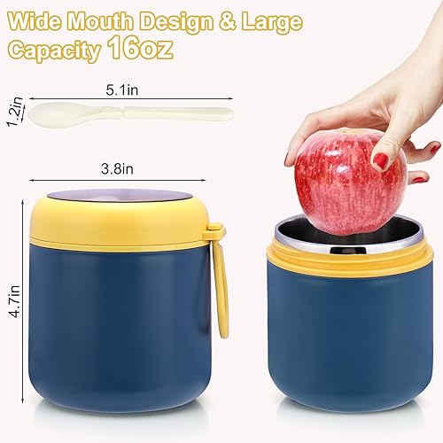 Miniatura 9 de Juome Termo para niños de 16 onzas para comida caliente, contenedor aislado al vacío, recipiente de comida de boca ancha, termo de acero inoxidable