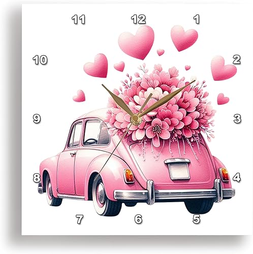 3dRose, Pink Vintage Sedan with Flowers and Hearts Illustration, 10x10 Wall Clock