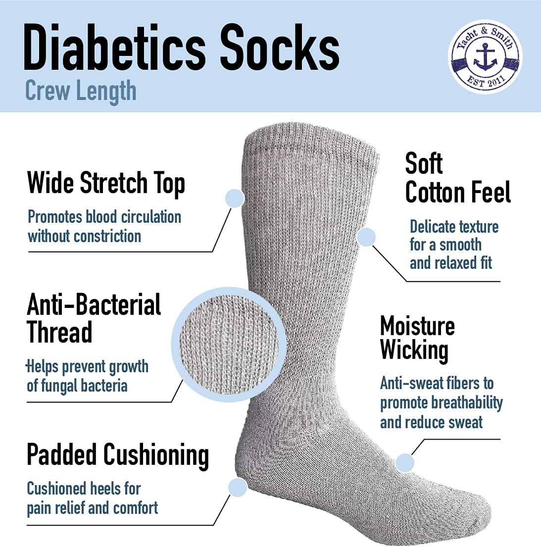 Yacht & Smith Wholesale Bulk Cotton Diabetic Crew And Ankle Socks, Loose Fit Top Non-Binding Medical Socks