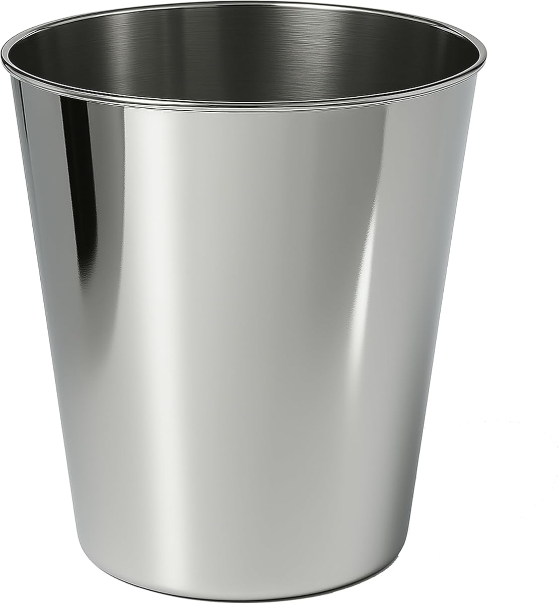 Nolan 2 Gal Smooth Steel Wastebasket, Polished Steel | 10" Height, Lidless Open Top, Mechanical Finish, Small Space Design