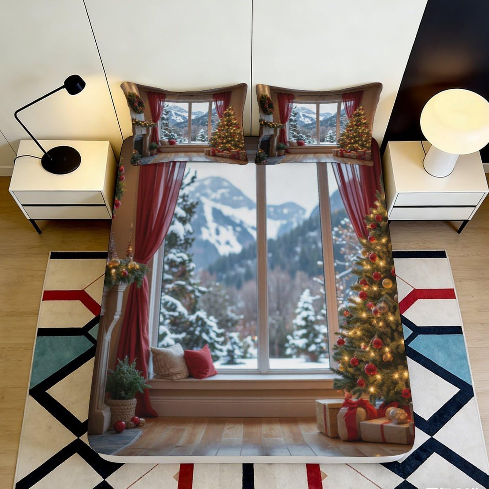 3D Printed Snowy Window Scenery Fitted Sheet Microfiber Non-Slip Deep Pocket Bedroom Bedding Snow Scene Mattress Fitted Cover Washable 180x200x25cm