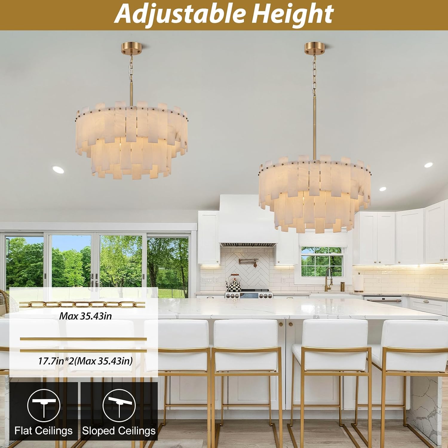 Alabaster Chandelier, 24" Spanish Alabaster Round Chandeliers 2-Tier,Modern Adjustable Gold Marble Pendant Chandeliers for Dining Room, Living Room, Bedroom,Foyer,Bathroom, Included E12 Bulb