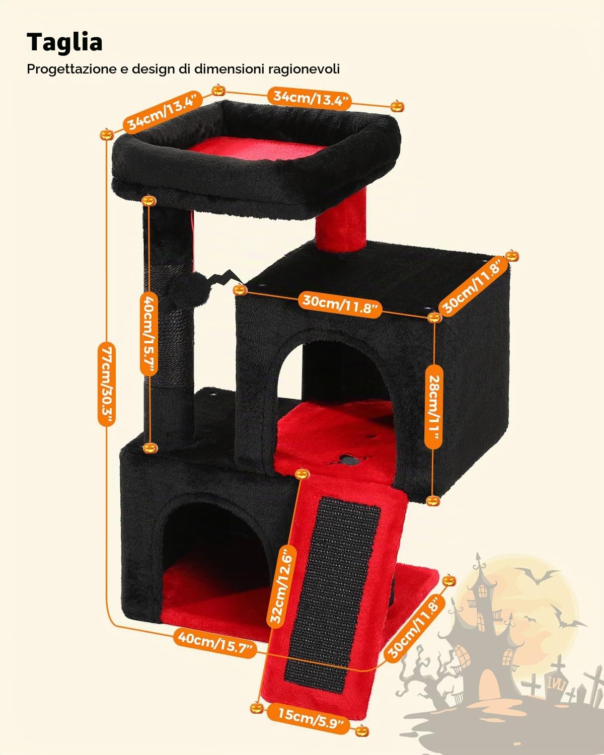 PETEPELA Tiragraffi con Dual Condos per gatti d'appartamento, casetta per gatti all-in-one con seduta imbottita, rampa per graffi e pali e palline intercambiabili, nero