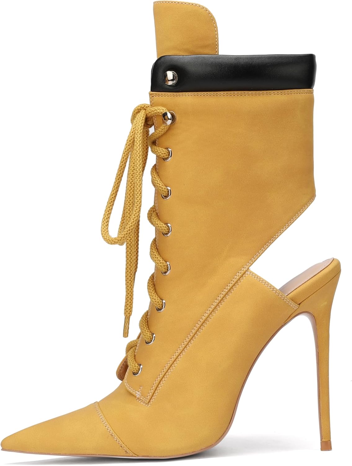 Women's Ankle High Mule Boots Lace Up Pointed Toe 4.7 Inch Stiletto High Heel Deconstructed Fashion Ankle Boots