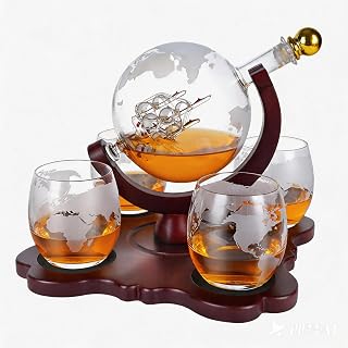 PONPUR Globe 위스키 디캔터 세트, 잔 4개 포함, 남성 남편을 위한 아빠 선물, 아버지의 날 기념일 생일 선물, 남자친구, 형제 할아버지를 위한 주류 버번 스카치 위스키용