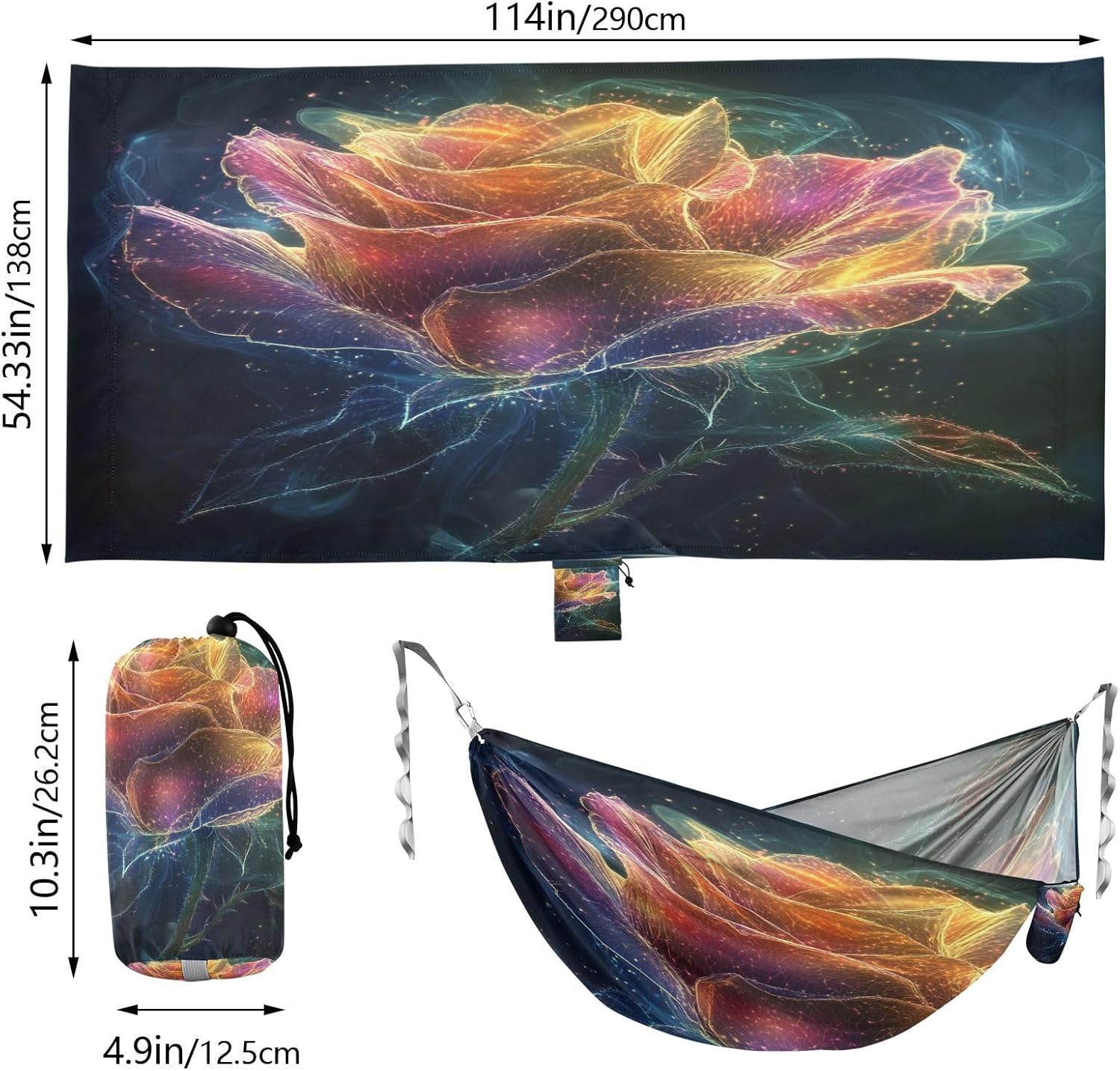 ALAZA Rose Flower Fantastic Camping Hammocks Single or 2 Person 500 lbs Portable Parachute Travel Hammock w/Tree Straps for Hiking Backpacking Indoor Outdoor