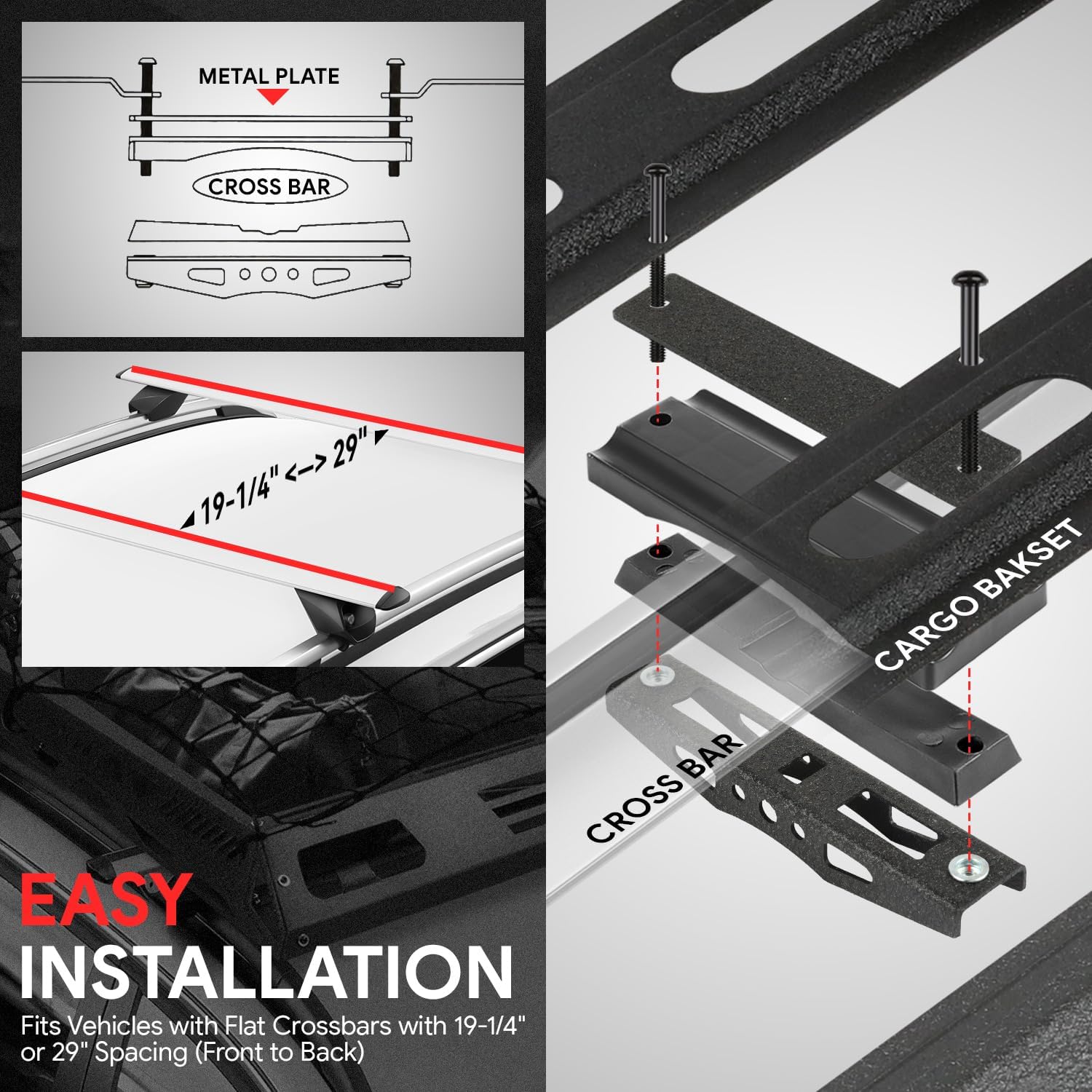 DNA MOTORING Universal Car Rooftop Cargo Carrier Basket with Cargo Net, 47'' W X 36'' L X 5" H, 150 lbs Max Load, RCK-S-BK