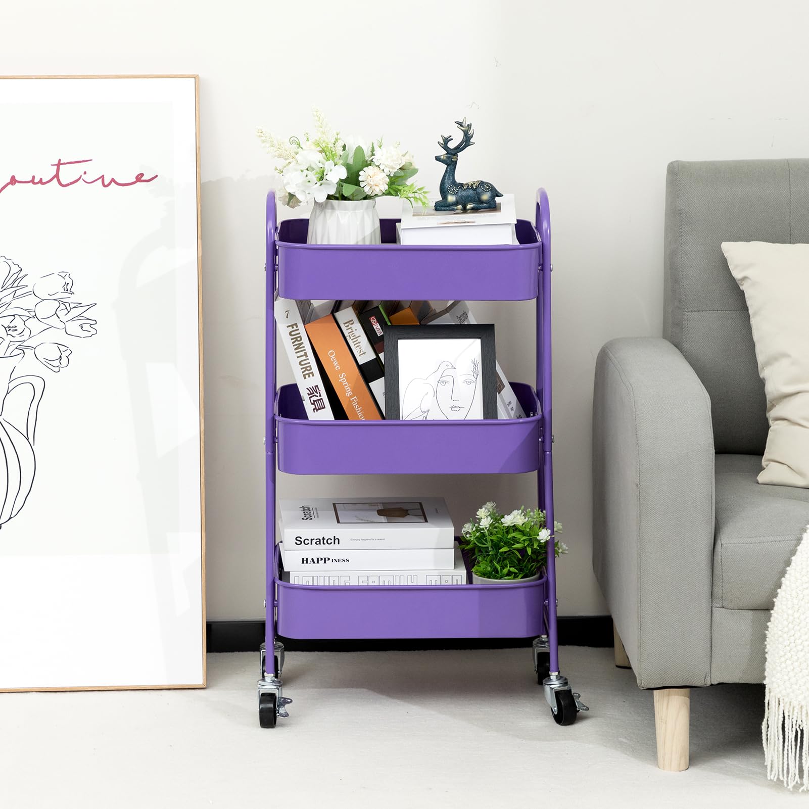 AGTEK Makeup Cart, Movable Rolling Organizer Cart, 3 Tier Metal Utility Cart with Lockable Wheels for Home & Office, Violet