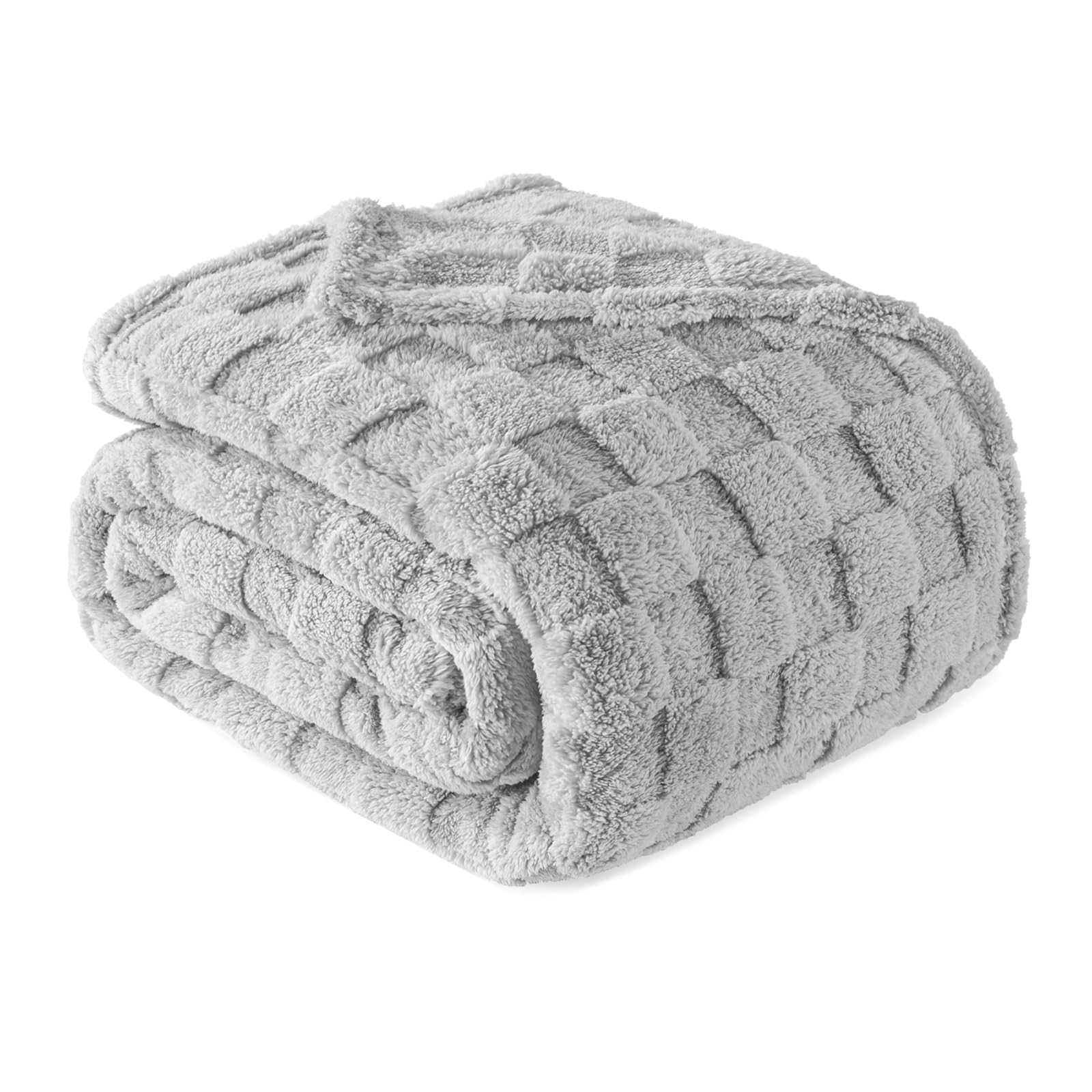 King Size Flannel Fleece Blanket, Super Soft and Warm Lightweight Checkered Pattern Blankets for All Seasons, 90x104 Inches, Light Grey