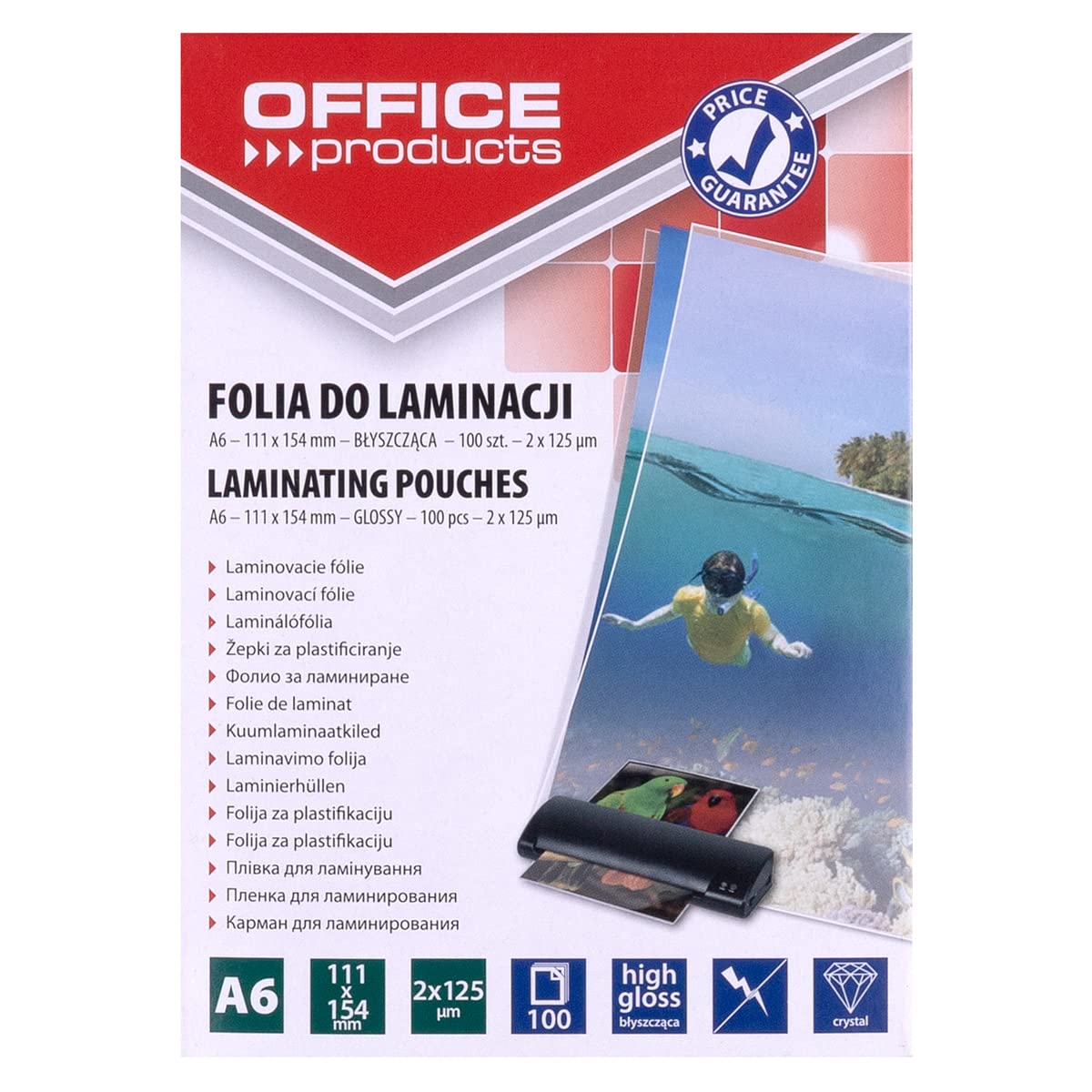 Folia do Laminowania OFFICE PRODUCTS A6 2x125mikr Błyszcząca 100szt Transparentna/Prezentacja/Typ-do Laminowania/Rodzaj-Błyszcząca/Materiał-Plastik/Kolor-Transparentny/Grubość (mm)-2x125µm