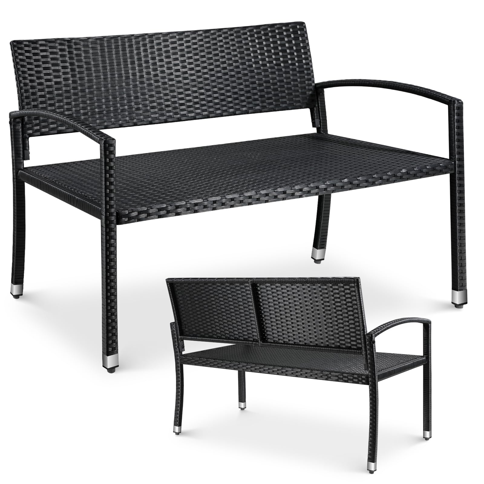 LIFERUN Gartenbank Rattan, Polyrattan Sitzbank Wetterfest, 2 Sitzer Balkon Bank, 320kg Belastbar, 122x60x85cm, Gemütliche Gartenmöbel Bank, Parkbank, Einseitiges Rattan, Sitzbank Outdoor, Schwarz