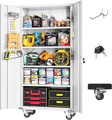 Greenvelly Armario de almacenamiento de metal para garaje con ruedas y tablero de clavijas, gabinetes de metal blanco con cerradura de 74 pulgadas