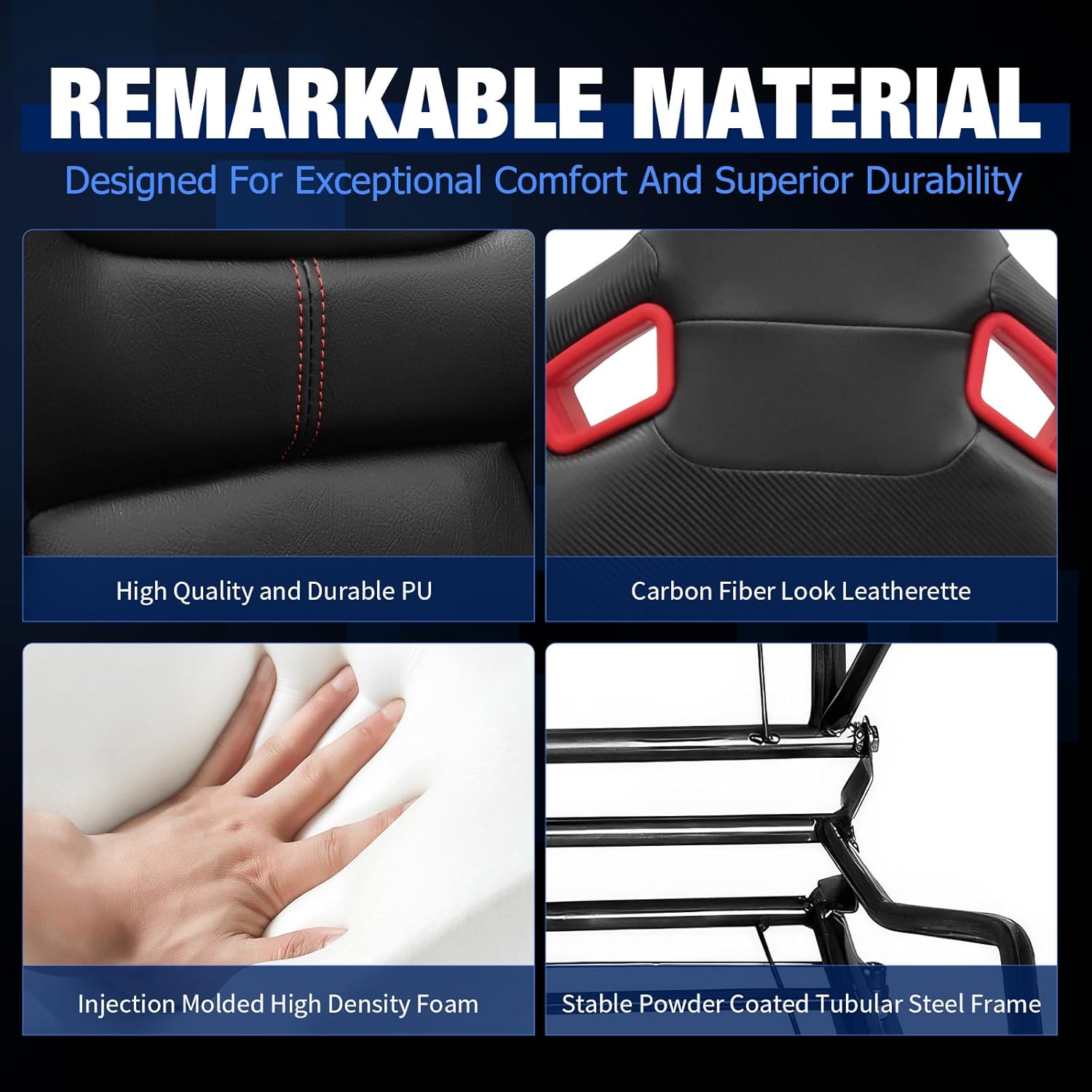 FREEMOTOR802 Racing Seats with Dual Lock Sliders, Universal For Most Cars Vehicles First Row, 1 Pair Reclinable Sport Bucket Seats, PU Carbon Fiber Look Leatherette, Black Red Slots