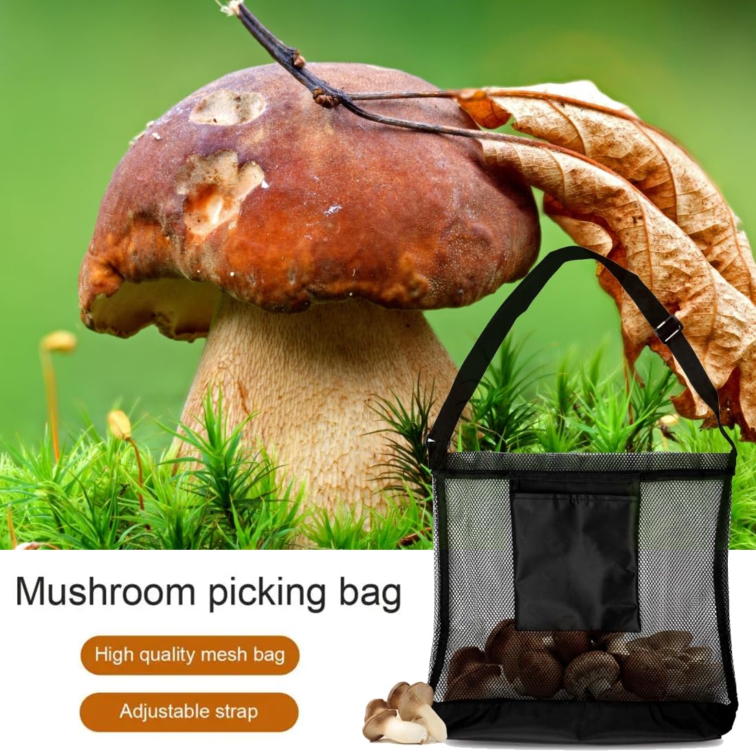 Borsa per la raccolta funghi e frutta, borsa da picnic in rete, tracolla pieghevole regolabile nera