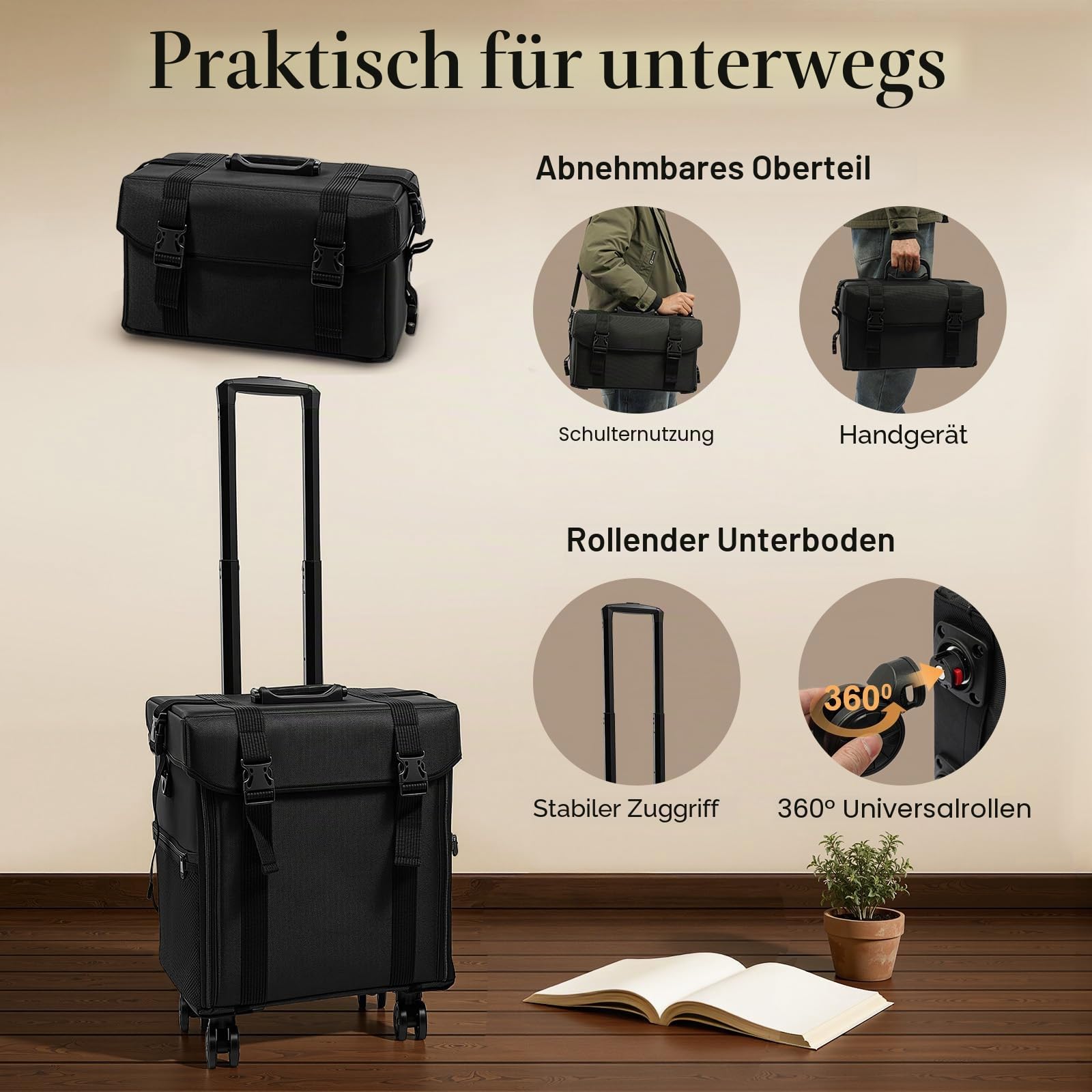 2 in 1 Kosmetikkoffer, Abnehmbarer Kosmetikkoffer Trolley mit Rollen und Deichsel, Friseurkoffer mit 8 Schubladen, Nagel Koffer, Make Up Koffer für Friseure, Maskenbildner und Maniküre, Schwarz