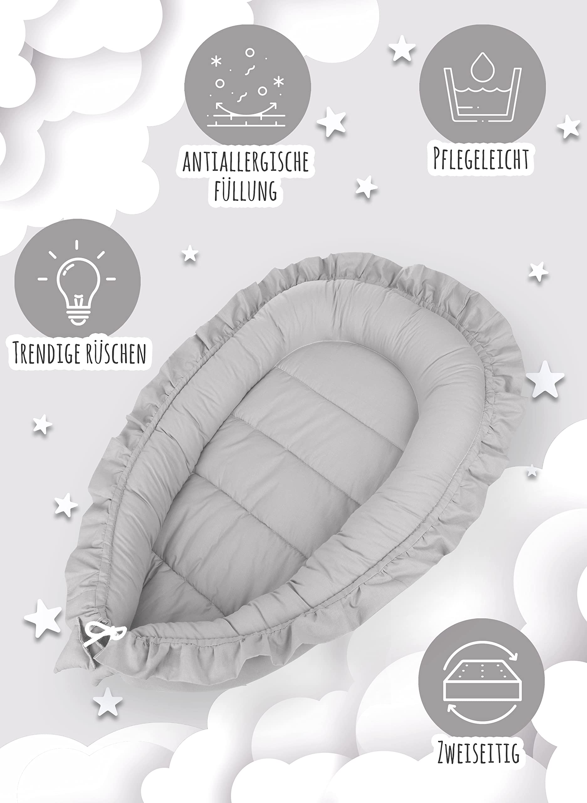PIMKO Nido de bebé con Volantes Recién Cunas Nido para bebés Reductor de Cuna 100% Algodón babynest (Gris con Volante)