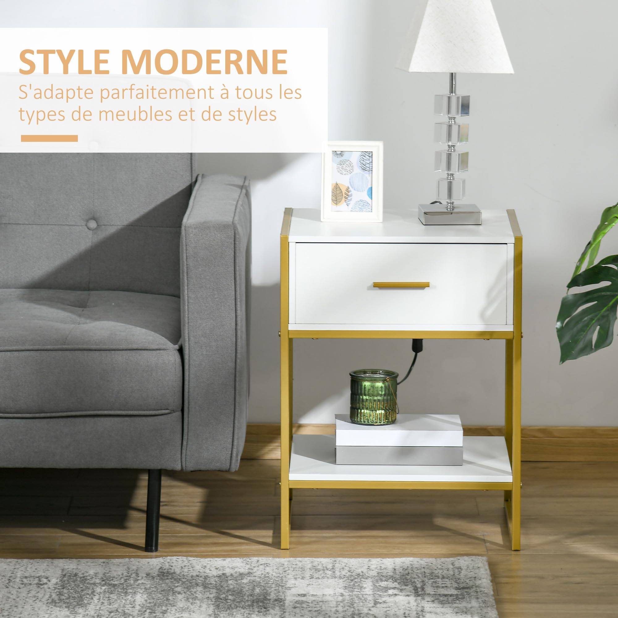 HOMCOM Table de Chevet avec Tiroir et Étagère, 45L x 40l x 60H cm, Blanc