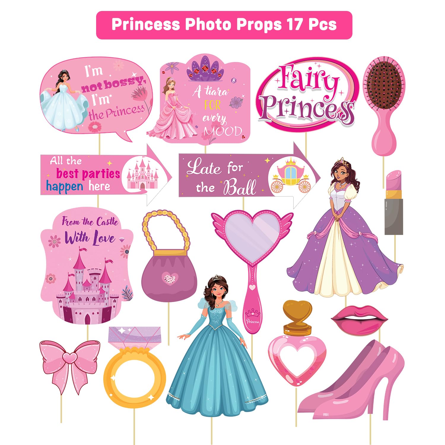 Party Propz Princess Theme Birthday Decoration Items- 17 Pcs, Princess Decoration Set Combo, Birthday Props for Kids, Princesses Party Supplies for Girls,Photobooth Props Fun
