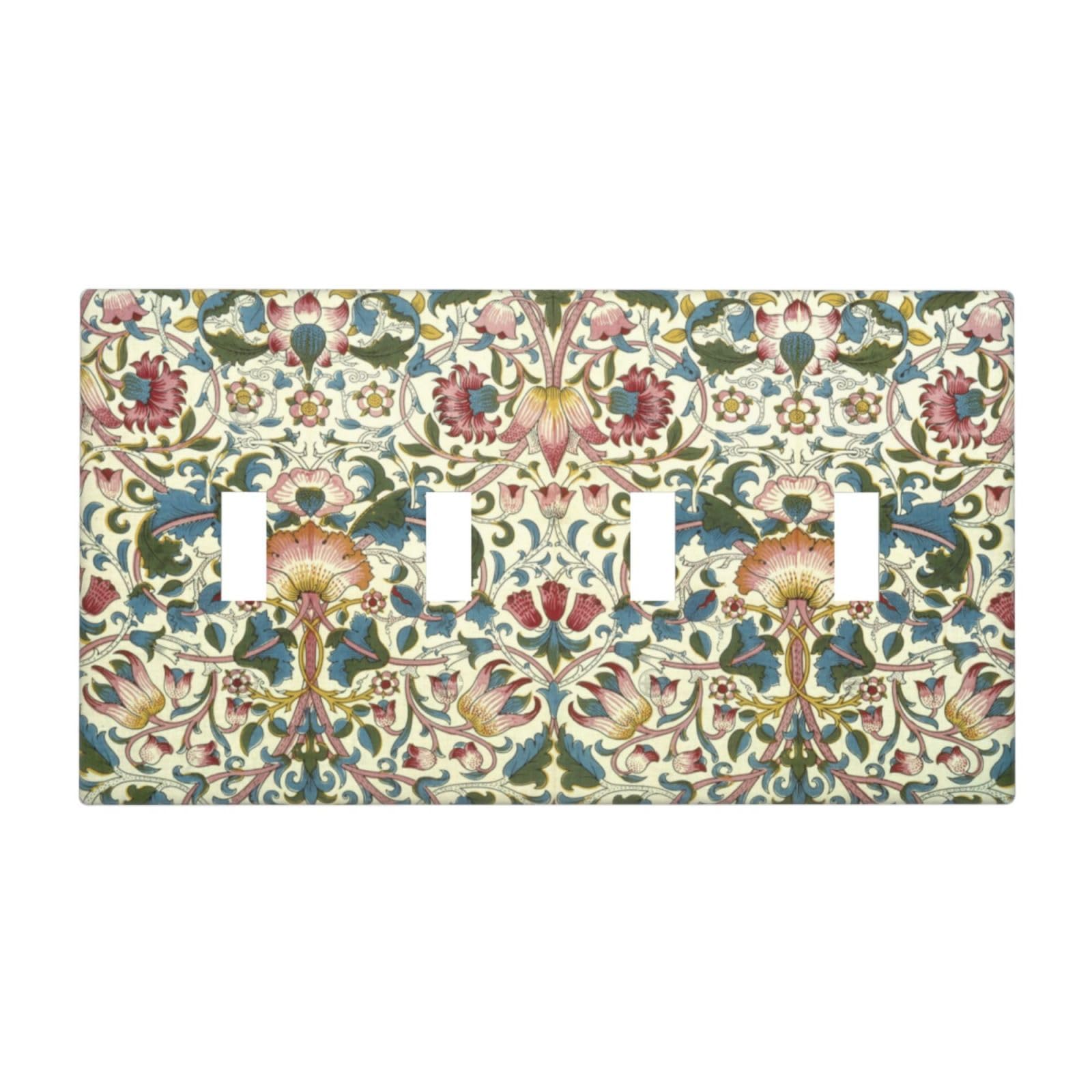 Boho Floral William Morris Quad Toggle Light Switch Cover Decorative 4 Gang Wall Plate Cover Vintage Plant Natural Flower Pattern 4 Hole Electrical Device Switchplates Faceplate for Farmhouse Bathroom
