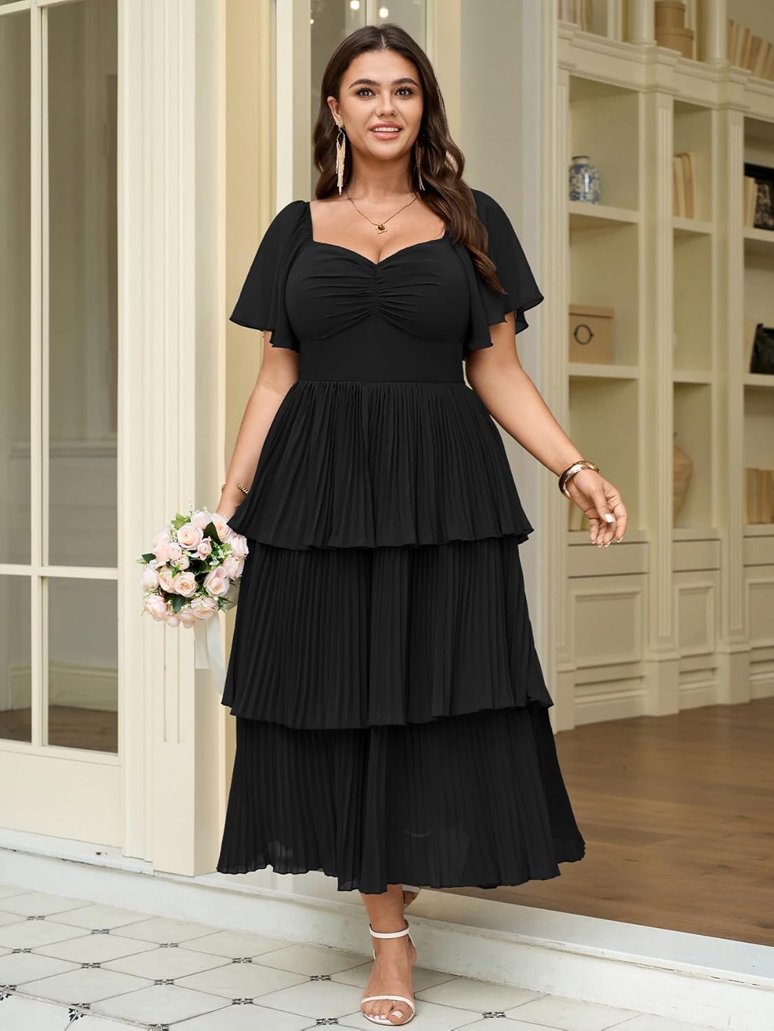 SCOMCHIC Women's Plus Size Formal Wedding Guest Evening Party Dress Short Sleeve Pleated Tiered Chiffon Bridesmaid Dresses - Image 2