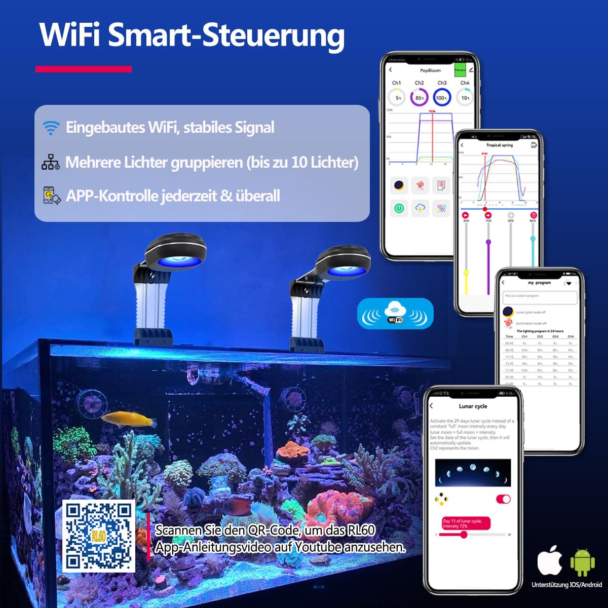PopBloom APP-Kontrolle meerwasser aquarium led beleuchtung led lampen reef coral aquarium für 30-60cm Salzwasser Marine (60W (Schwarz))