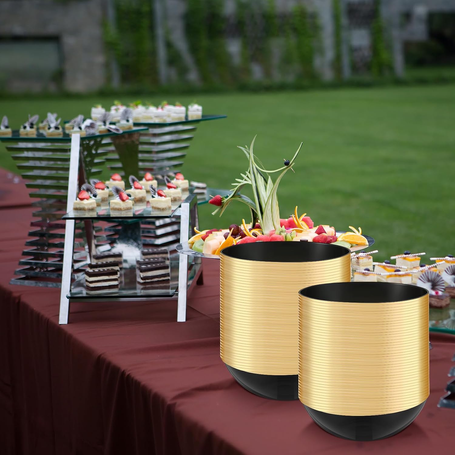 Newtay 50 Pcs 12 oz Black Plastic Bowls Bulk Disposable Bowls with Gold Rim Plastic Serving Tableware Birthday Party Supplies for Wedding Chips Salad Dessert Ice Cream Candy Plates Catering
