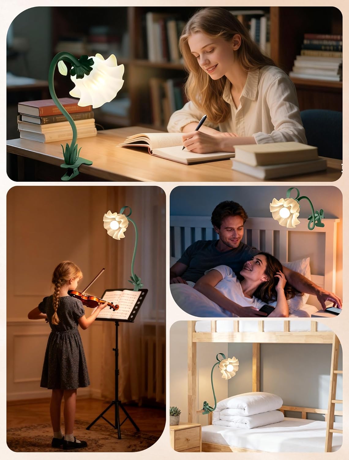 ONXE Clip On Light and Flower Desk Lamp, Flexible Gooseneck Reading Book Light with 3 Color Modes Cute Table Lamp Decor, Clip on Bedside Lamp for Bed Headboard,Table, Nursery,Dorm (Green-02)