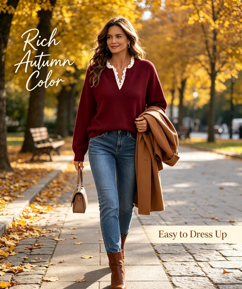 Maglione da donna in pizzo con scollo a V a maniche lunghe in maglia
